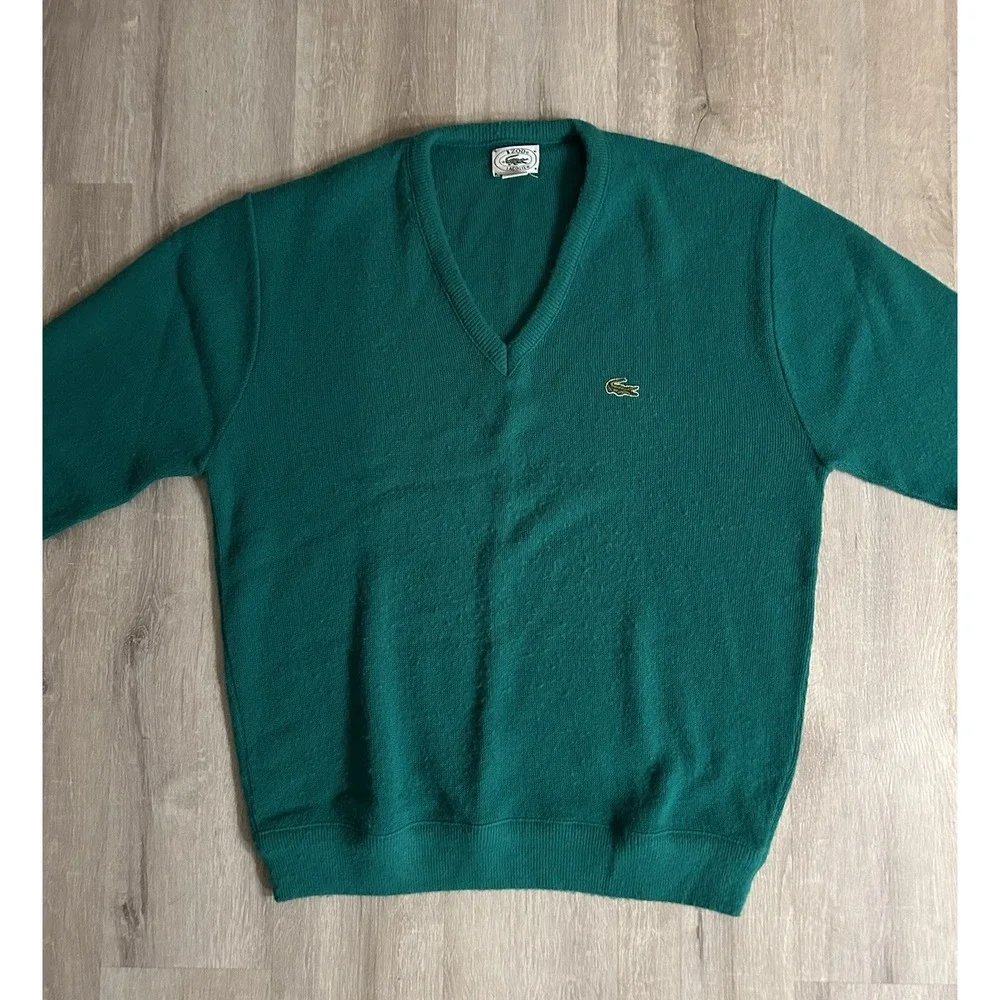 Izod Lacoste Vintage V-Neck Acrylic Sweater, 70-80's Made In USA Kelly Green L
